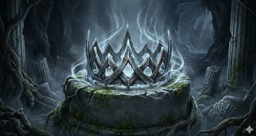 The Crown of Prythian — a twisted crown of dark metal set with a pale gemstone that pulses with cold light, beautiful and deeply sinister.